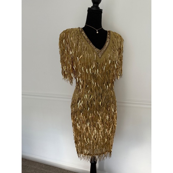 BLACK TIE OLEG CASSINI Dresses & Skirts - Vintage Oleg Cassini Gold Dagger Sequin Silk Dress S | Mob Wife Aesthetic